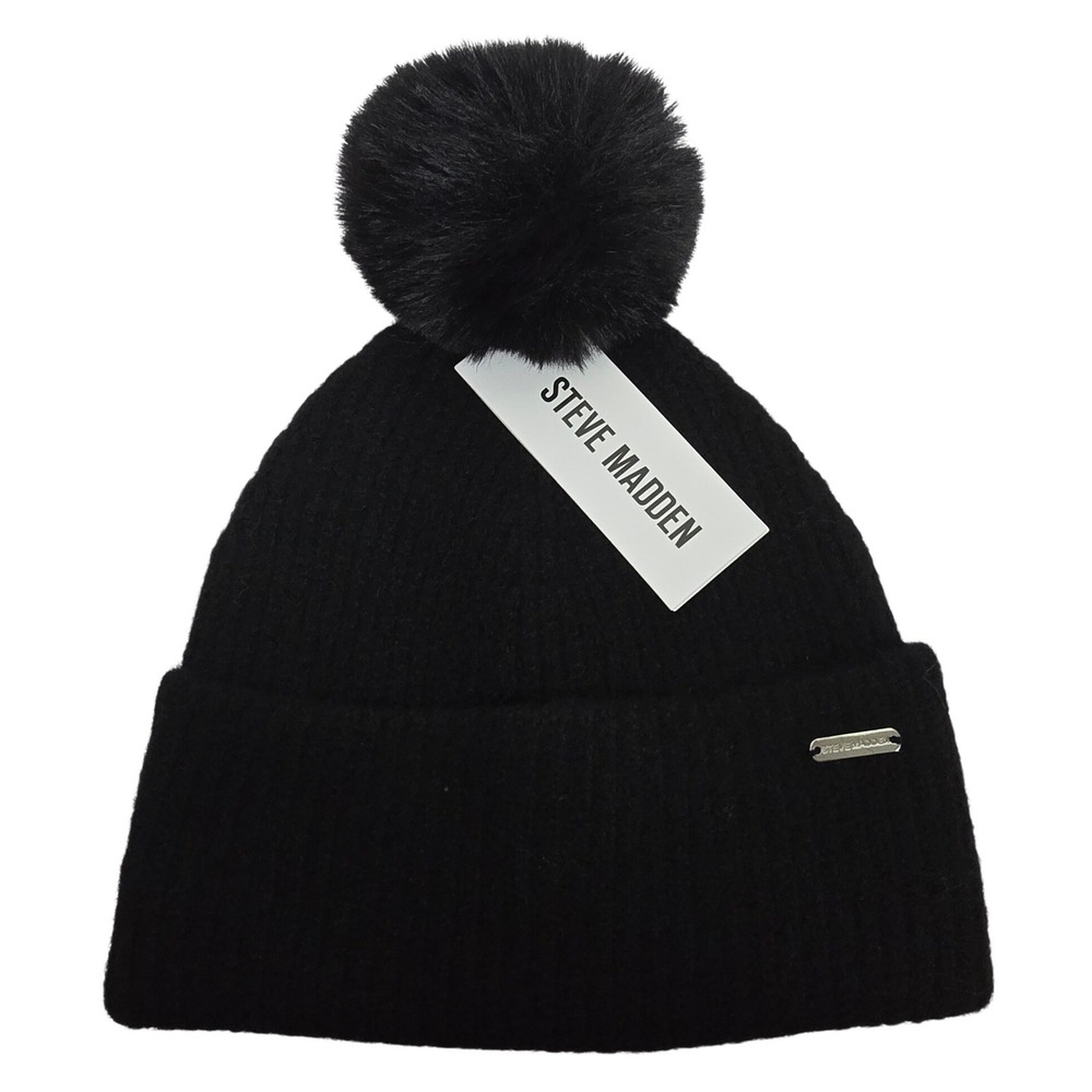 Steve Madden Black Ribbed Knit Beanie Faux Fur Pom NWT Silver Logo